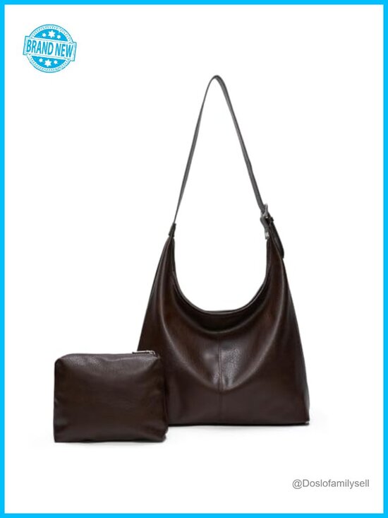 Handbags - Vegan Leather Slouchy Hobo Tote with Matching Pouch, Laptop Shoulder Bag